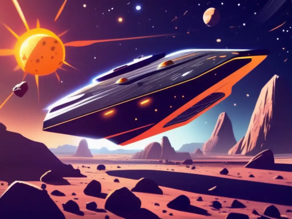 Dynamic Asteroid Encounter: Spaceship's Daring Flight through Cosmic Chaos A breathtaking image of a spaceship zooming around a large asteroid, with a sun in the background and stars scattered around