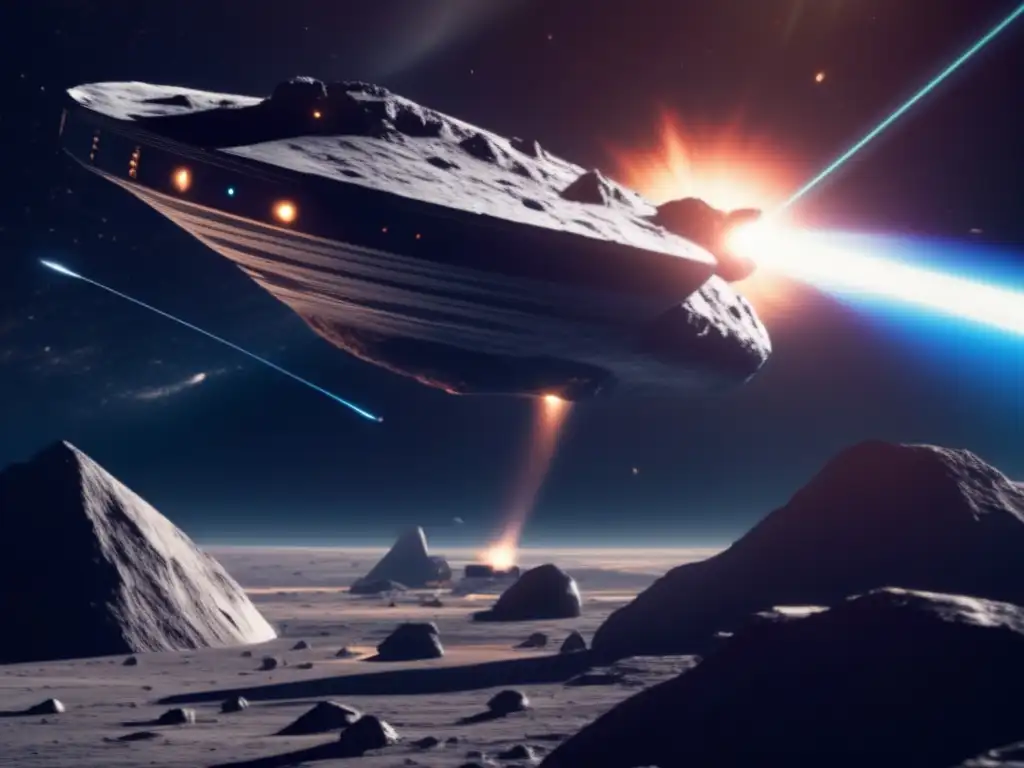 A breathtaking view of a spaceship skillfully maneuvering around a jagged asteroid, with laser beams blasting towards a specific target