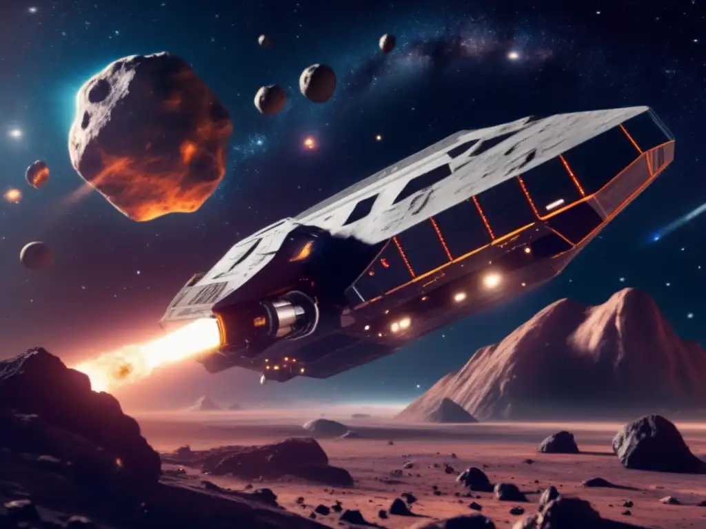 A stunning image of a futuristic spaceship soaring through a vibrant nebula and distant galaxies, mining valuable asteroids with advanced technology