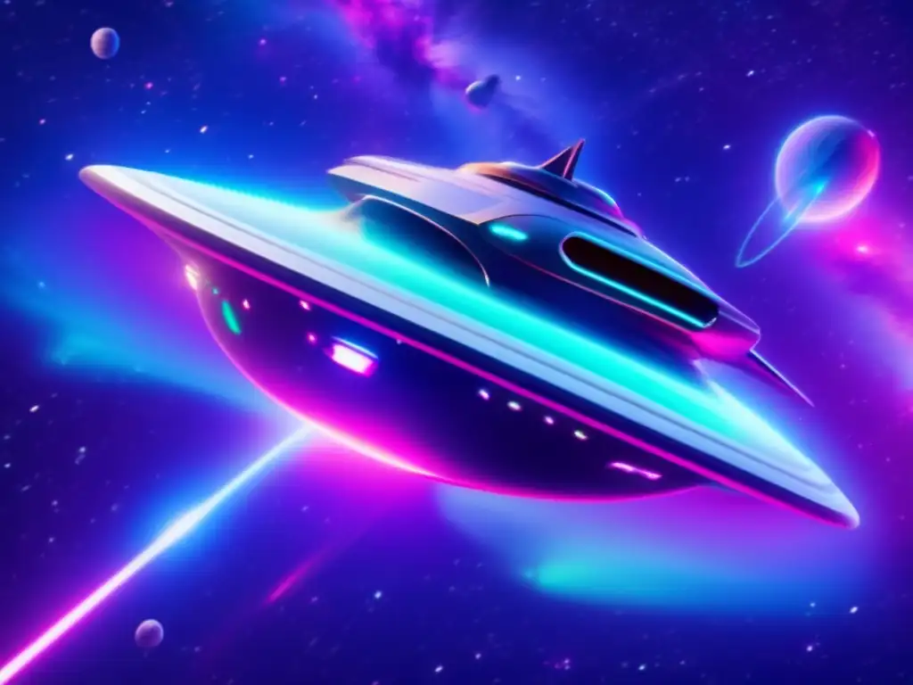 In this stunning 3D photorealistic depiction, a sleek spaceship floats before a swirling nebula-filled background