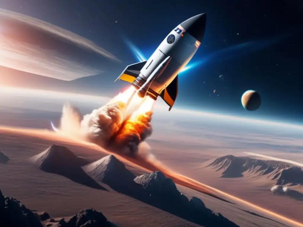 A stunning visual of a sleek spaceship blasting off from Earth, with the planet's landmass and atmosphere in clear sight, capturing the essence of a potentially hazardous mission to a nearby asteroid