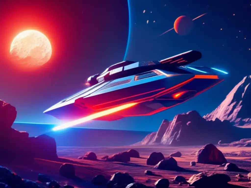 A spaceship descends onto a barren asteroid, its engines blazing and casting a warm glow onto the metallic surface
