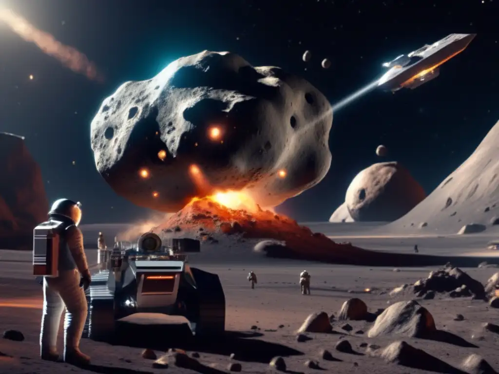 A breathtaking photorealistic image of a colossal asteroid, adorned with a gleaming spaceship