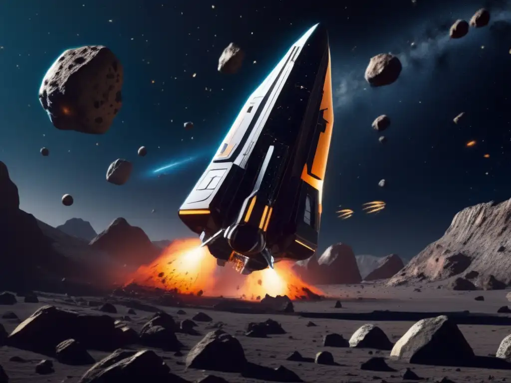 A photorealistic depiction of a spaceship expertly navigating an intricate asteroid field, carving a safe path for life's expansion