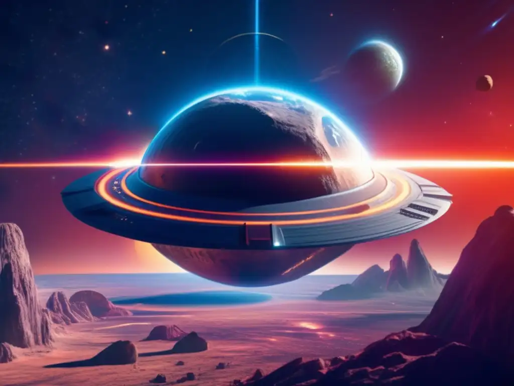Asteroid Shield: Photorealistic Spaceship Protects Earth A breathtaking photo of a spaceship shielding Earth from an asteroid, with a glowing infrared shield and a halo of laser beams surrounding it