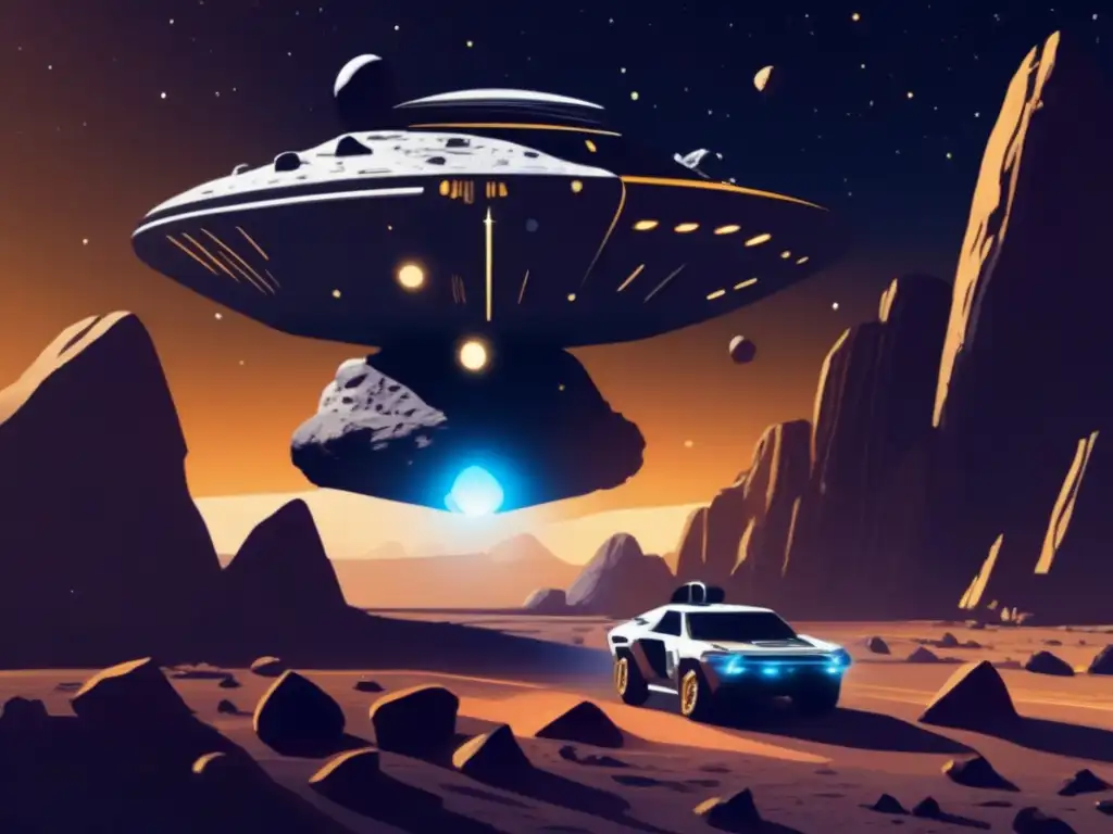 An 8k resolution image of a spaceship hovering over a rocky asteroid with Euphrosyne in the background