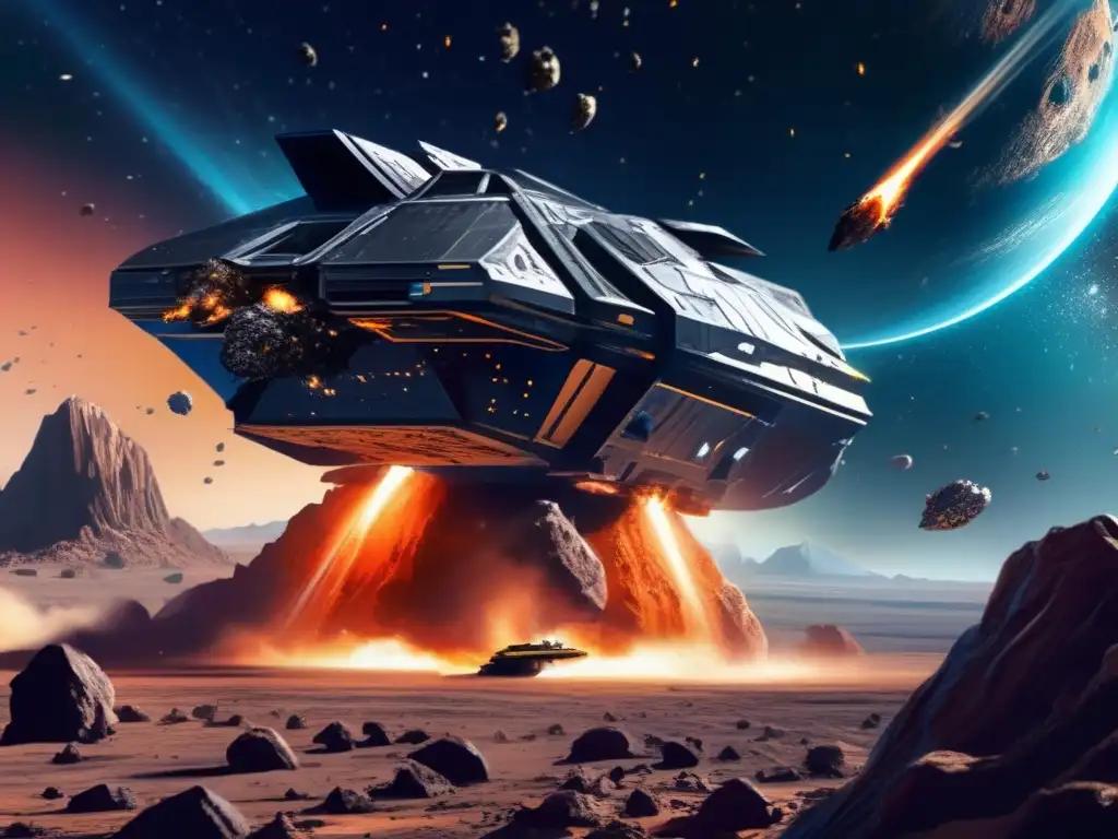 Dash: 'Asteroid Impact: Futuristic Spaceship vs A stunning photorealistic digital painting of a distant asteroid field being blasted by a futuristic spaceship from 'Starship Troopers'