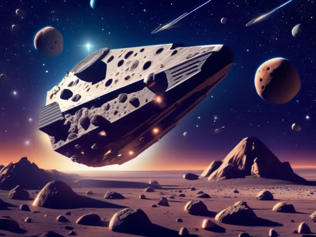 A photorealistic depiction of a spaceship extracting resources from an asteroid in the cosmos