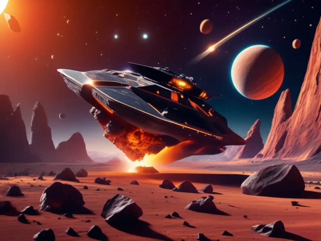 A photorealistic depiction of a cutting-edge spaceship in action, mining an asteroid amidst a tempest of debris and dust