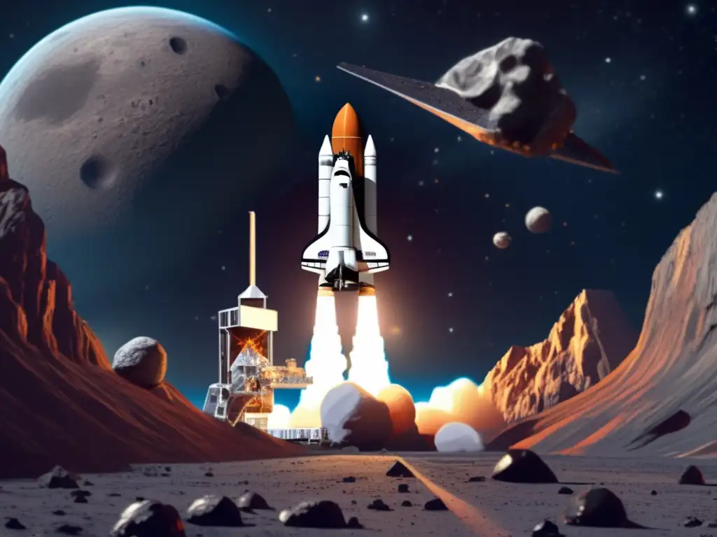 A stunning 3D model of a space shuttle gracefully approaching an asteroid, set against a dark and mysterious backdrop of the cosmos