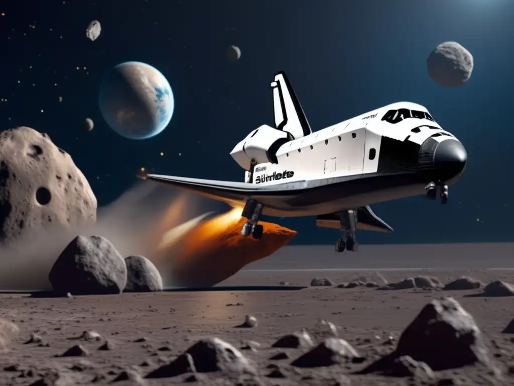 A striking photorealistic image of a space shuttle collecting platinum minerals from an asteroid's surface