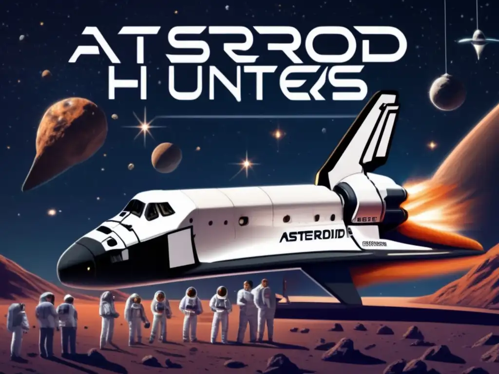 A breathtaking photorealistic image of a space shuttle integrating with an asteroid, surrounded by a group of fearless scientists and astronauts