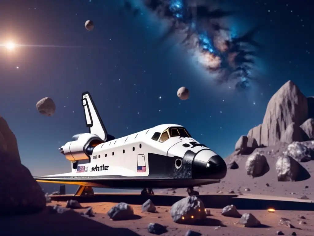 Docked on an Asteroid: A Space Shuttle's Close-Up of Gear and Glow A stunning image captures the essence of space exploration: a space shuttle docked at an asteroid mining operation, surrounded by cosmic debris and bright stars