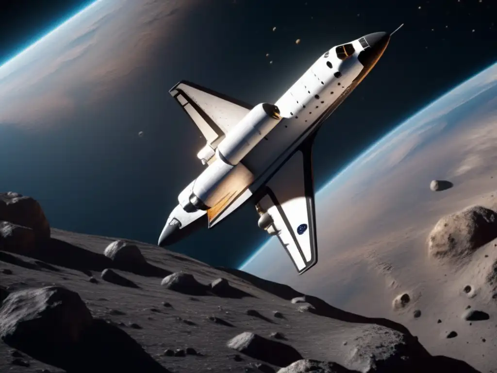 Orbital Miracle: Photorealistic 8k Image of Space Shuttle Exploring Asteroid Craters Unearthly wonders: CCD cameras bring breathtaking detail to a photorealistic 8k image of a space shuttle orbiting a treacherous asteroid