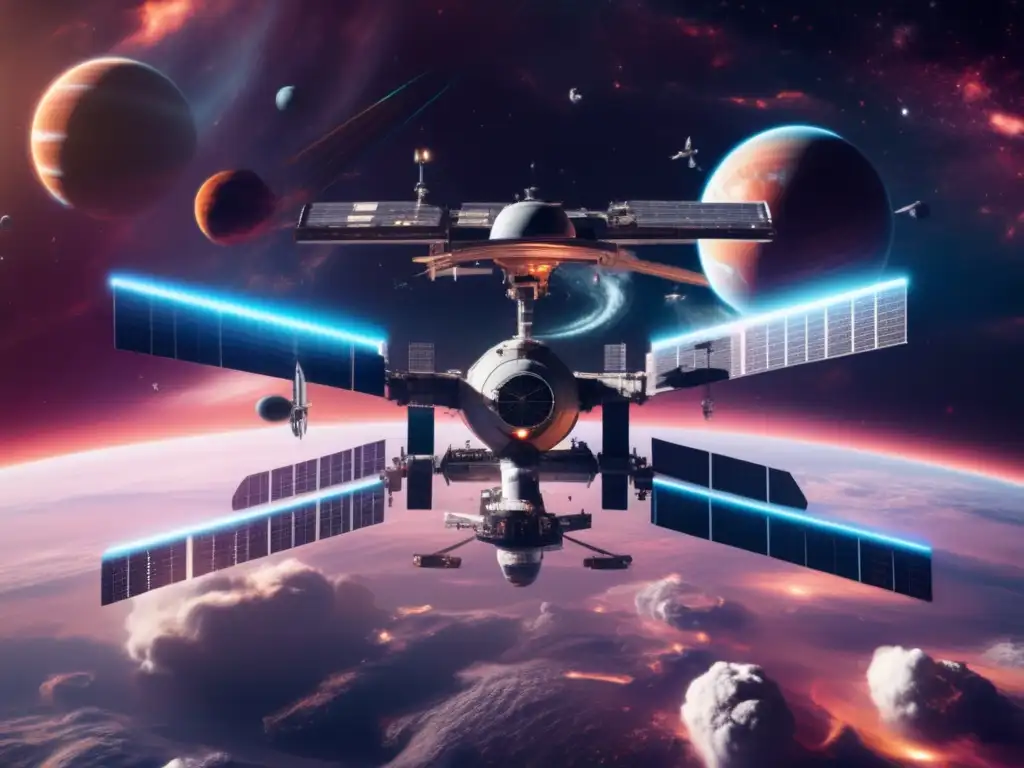 A stunning photorealistic image of a space station in orbit around a vibrant, atmospheric planet