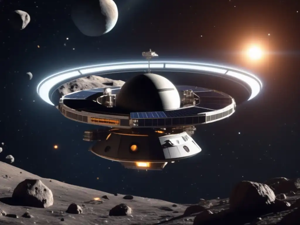 A captivating photorealistic depiction of a space station, seamlessly orbiting a colossal asteroid in the depths of space