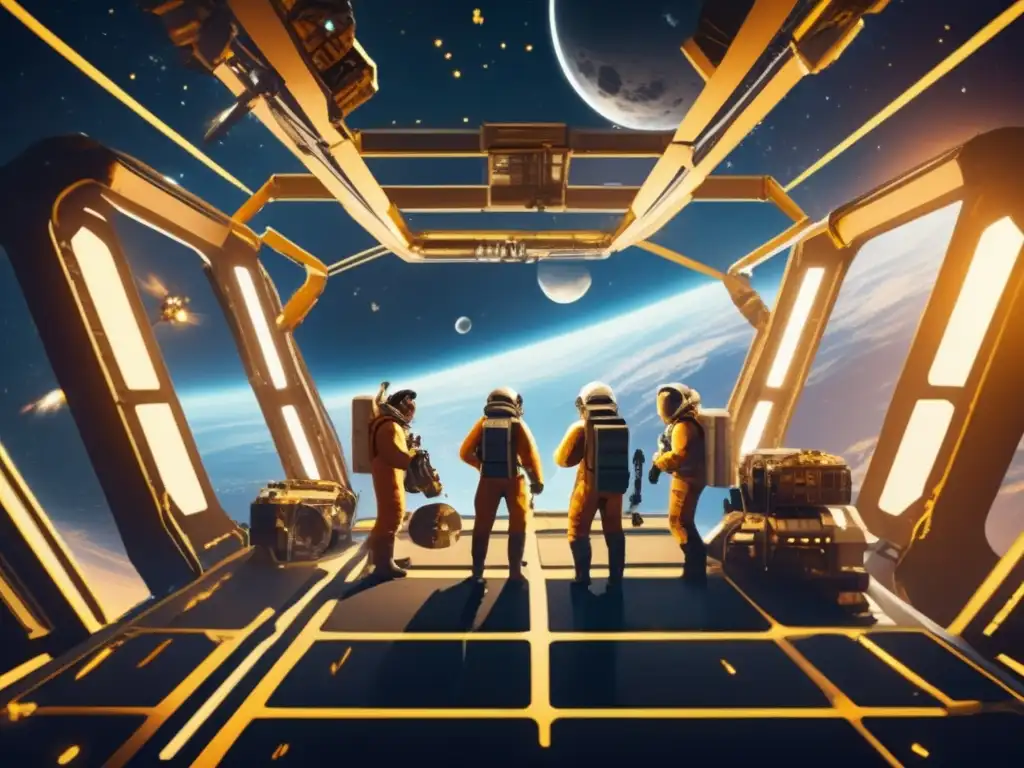 A gripping image of elite players working together in a space station to extract valuable resources from an asteroid field