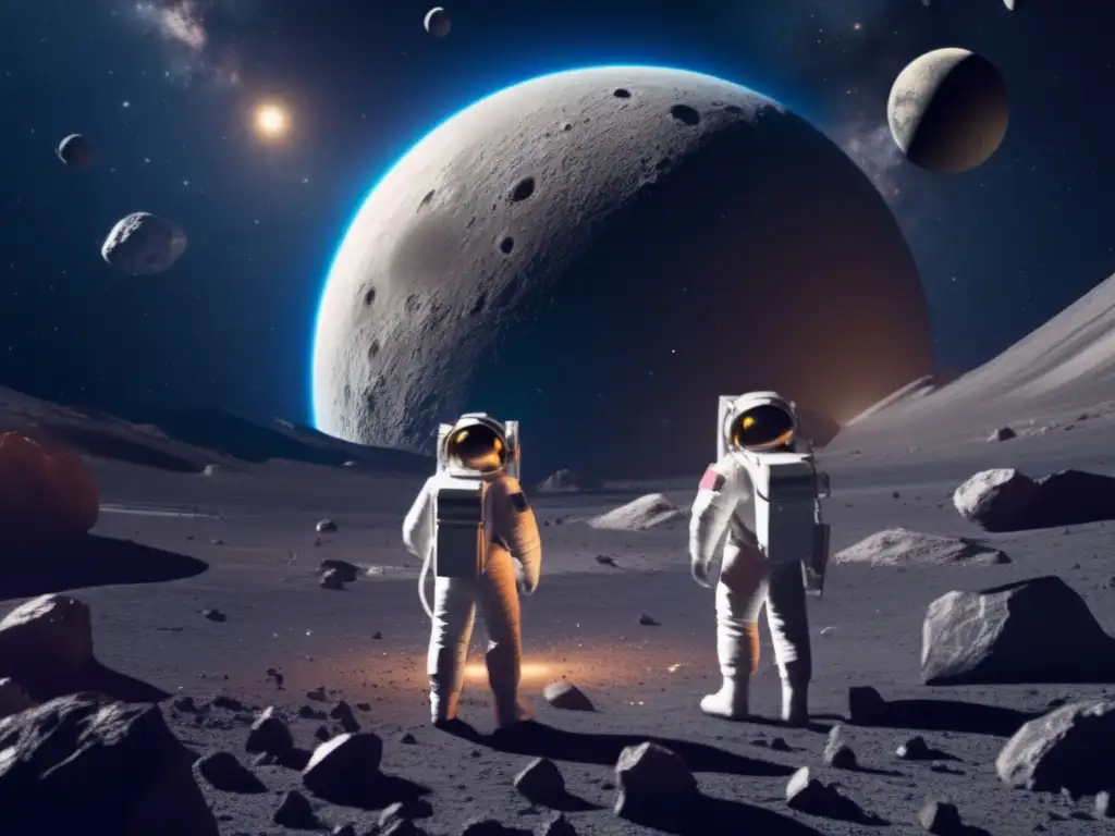 NASA's Planetary Defense Coordination Office symbolized as a circular space telescope, with astronauts working in the center, navigating asteroids in the backdrop with a focus on the asteroids creating a dynamic and hazardous space with a balance between earth, moon, and style