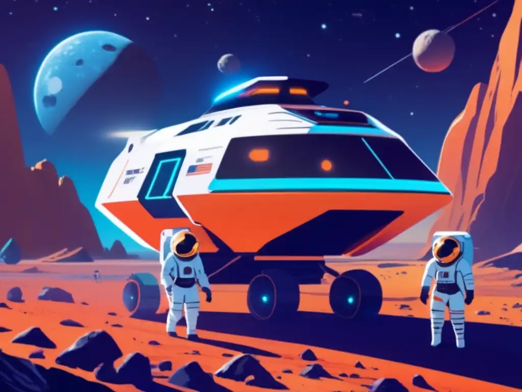 A fantastical space tourism vessel, adorned in sustainable technology, gracefully descends upon an mysterious asteroid