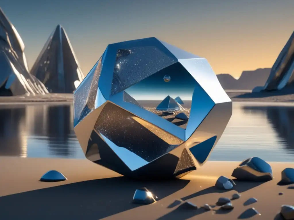 Silveraster: Metallic Mirror in the Ocean A mesmerizing silver asteroid sculpture, with a crystalline surface reflecting like a digital mirror, stands tall against a deep bluegray landscape