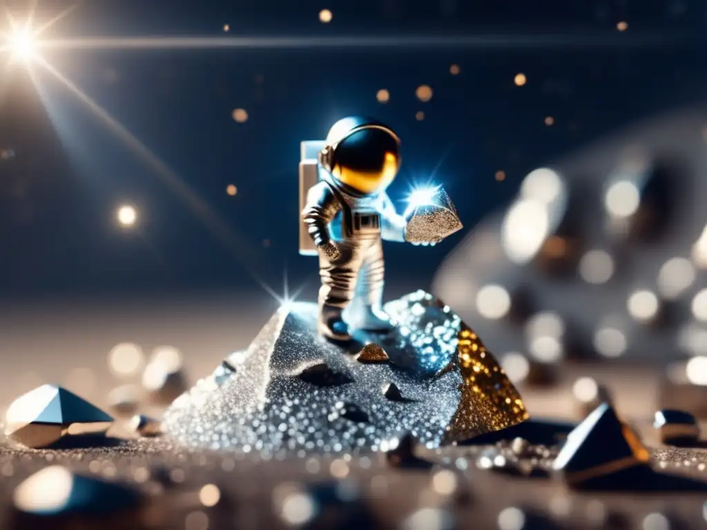 A stunning closeup of a sparkling platinum nugget shines brightly under a spotlight, embodying the wealth-generating possibilities in asteroid mining
