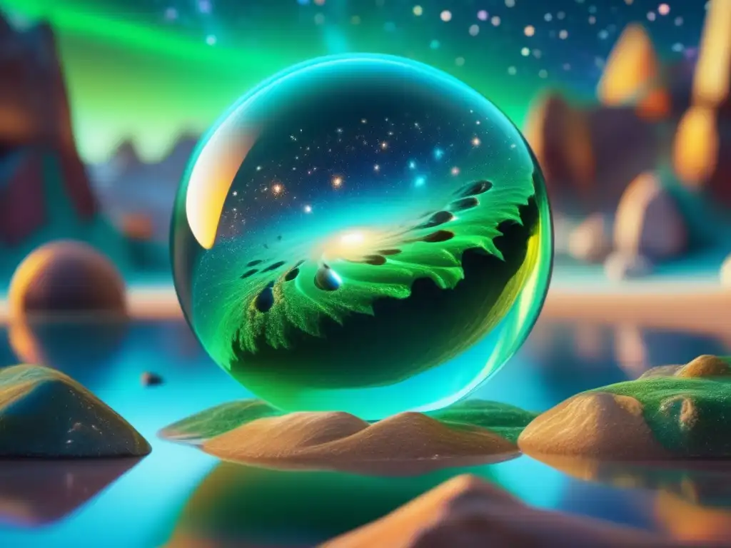 Dazzling asteroid with entrancing rock formations and glowing stars surrounds a vibrant green or azure underground water source