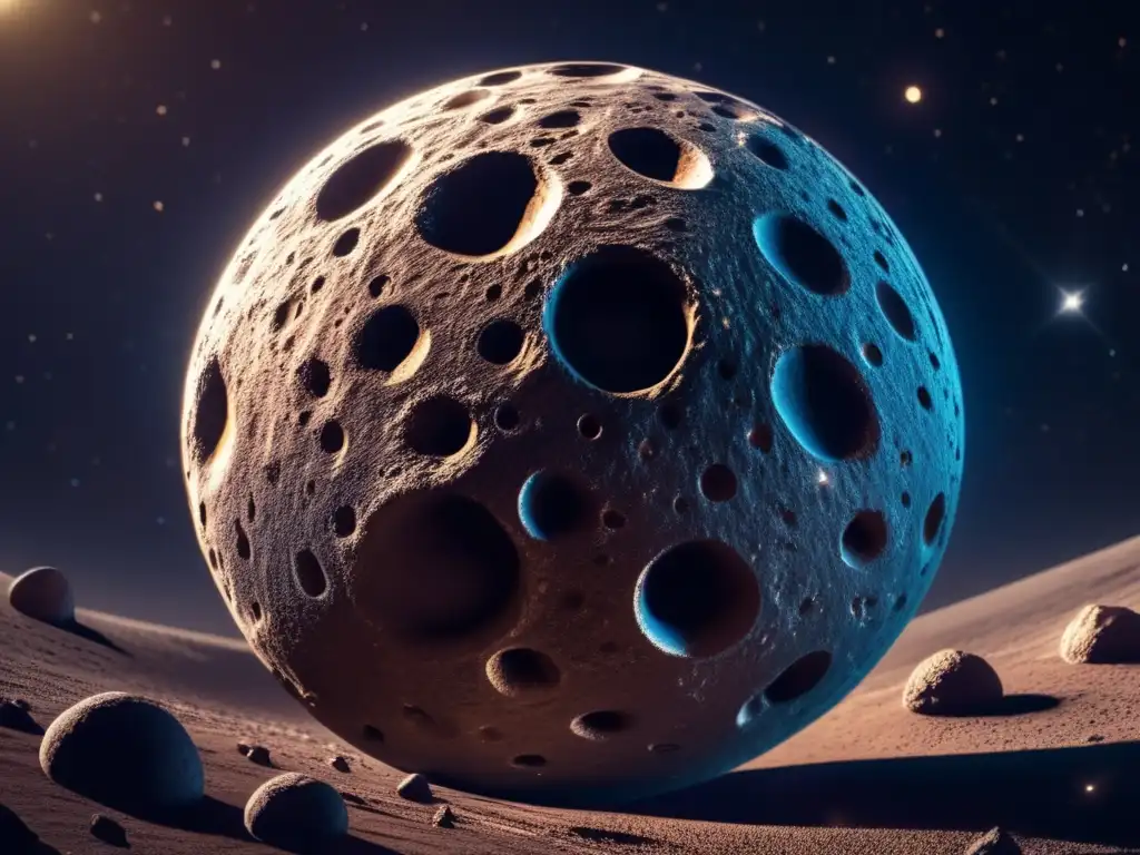 Mysterious Asteroid Close-up: Intricate Craters and Cosmic Beauty A mesmerizing closeup of a spherical asteroid, its intricate craters and textured surface gleaming against a deep cosmic backdrop and lit up by the distant stars