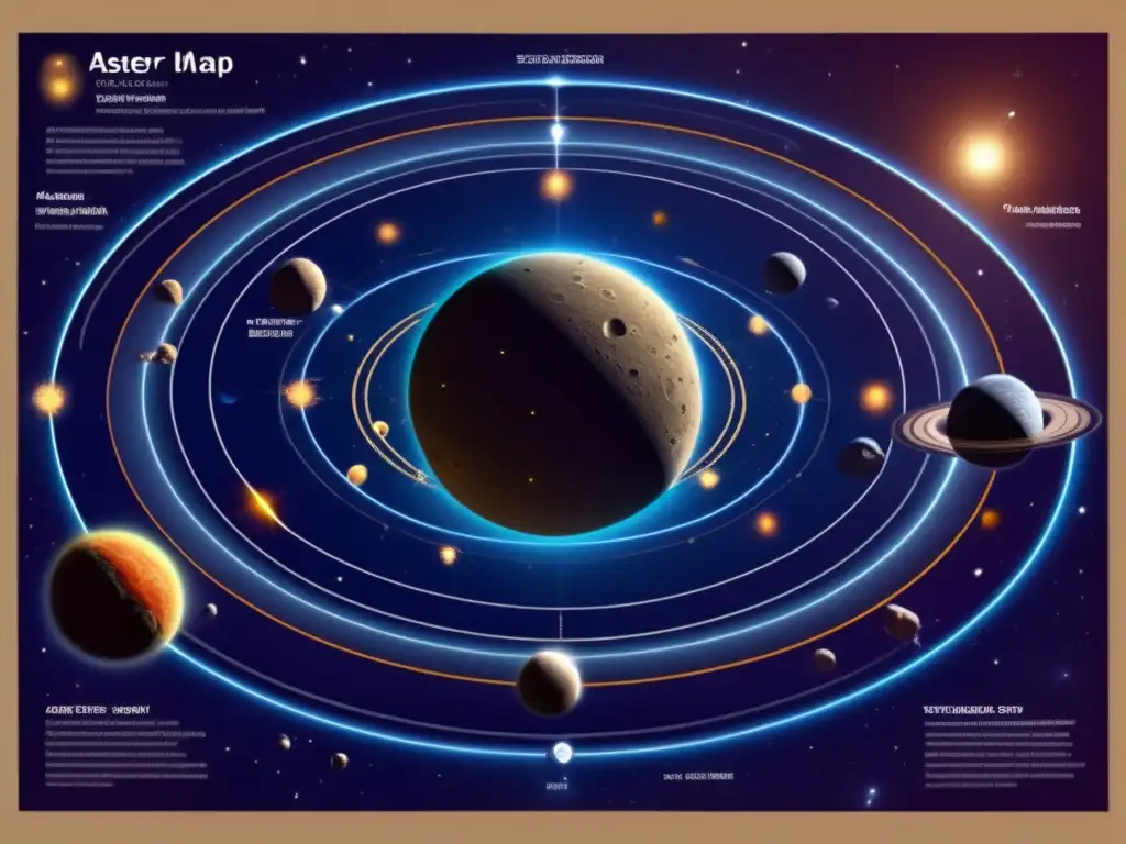 A mesmerizing photorealistic image of a celestial map depicting asteroid orbits around the sun, set against a deep blue and starry backdrop