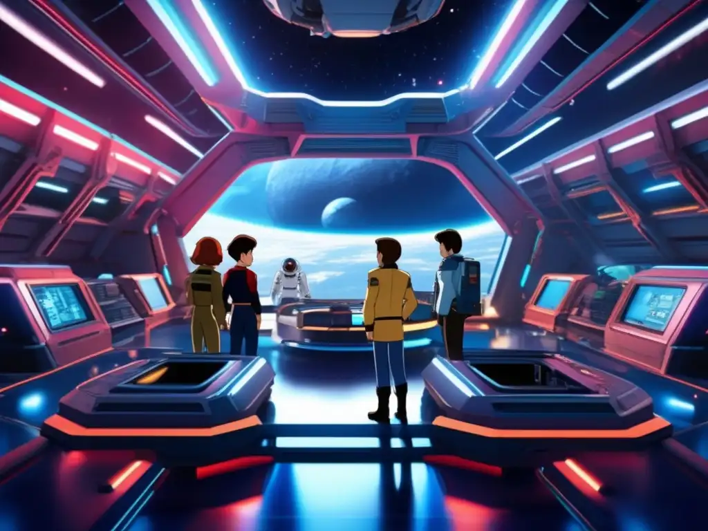 Star Blazers: A Kindred Reunion Inside a Cosmic Marvel A detailed photorealistic image of the cast of Star Blazers inside a massive asteroid-based space station, surrounded by intricate technology and glowing with a golden hour hue