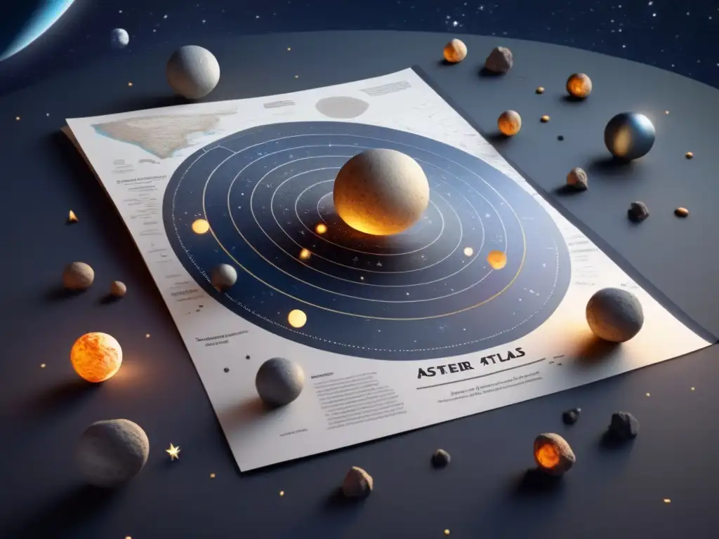 The Cosmic Curiosity: A Photorealistic Star Atlas with Highlighted Asteroids - Night Sky with Asteroids (36 characters) A photorealistic image of a star atlas opens up on a dimly lit table, revealing a vast complex of stars and asteroids