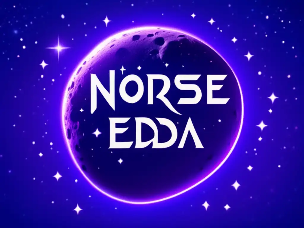 Large asteroid with intricate markings resembling rune inscriptions 'Norse Edda', floating gently in deep purple cosmic space