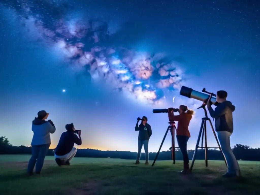 Astronomy club members in rural setting under clear night sky, observing the Milky Way through telescopes with excitement and wonder on their faces