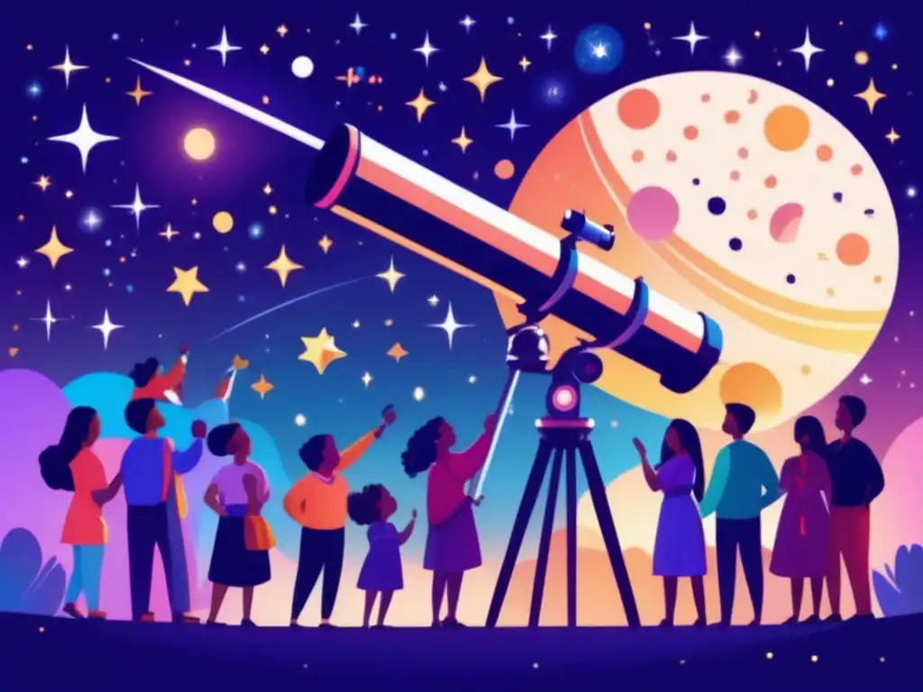 Unity Under the Stars: A Diverse Astronomy Group Stargazing A breathtaking image of diverse individuals gathered around a telescope, admiring the night sky and pointing out celestial bodies, including asteroids