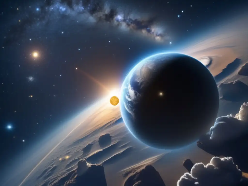 A breathtaking image captured by telescope of 719 Albert and Earth, highlighting their journey through space, leaving a trail of stardust and light