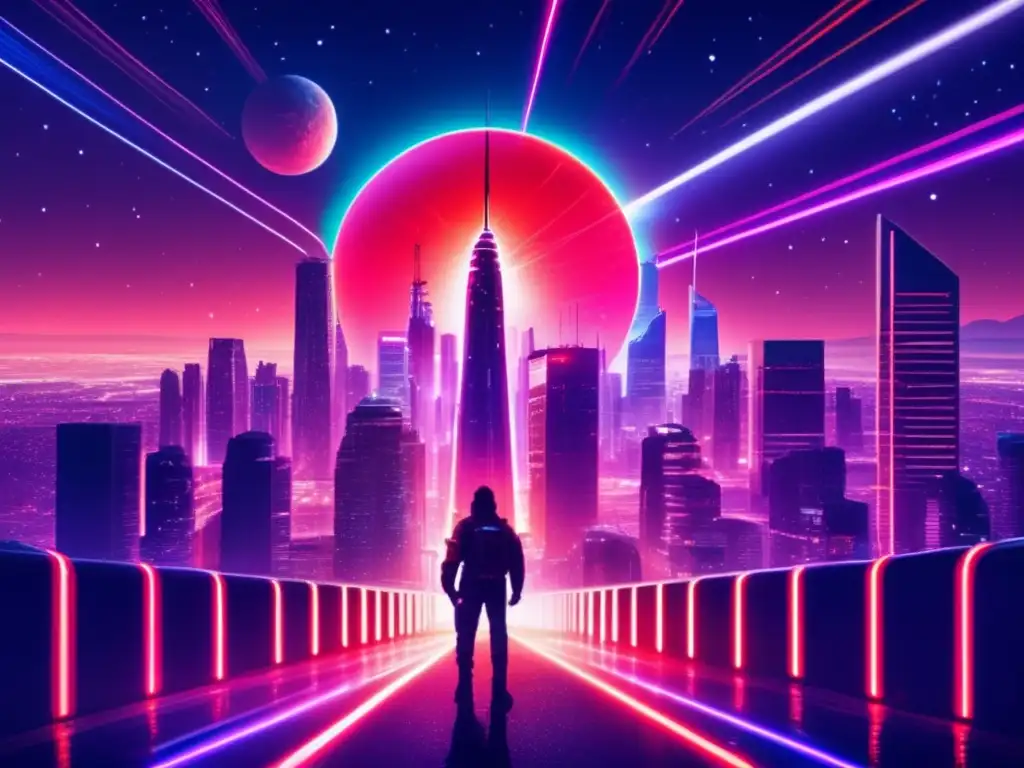 Red Orb Terrorizes Neon Metropolis: Scene Courts Fear and Fascination A pulsating neon cityscape, towering skyscrapers stretch towards the stars