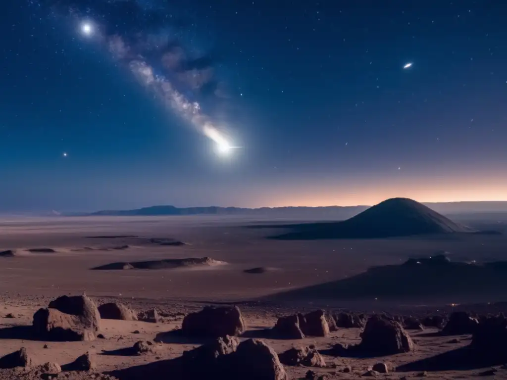 Dangerous Mystery: Asteroid in a Starry Landscape A haunting image of a barren landscape with a solitary asteroid dominating the sky, lit by a distant star