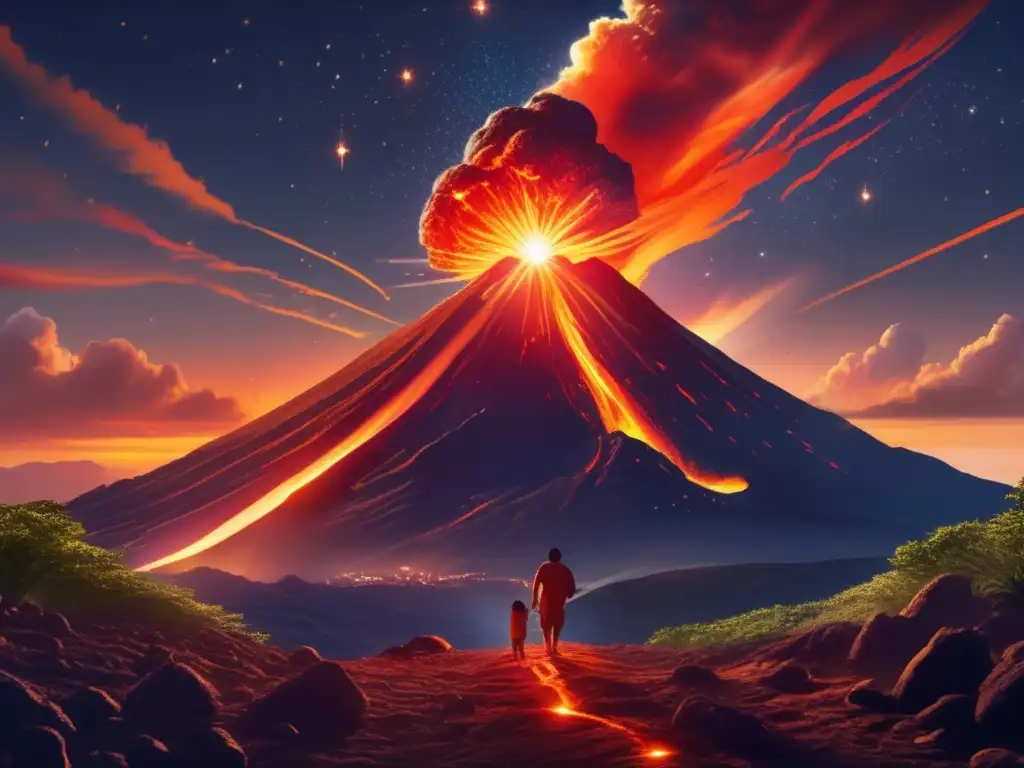 A mesmerizing midnight scene of stars, lava flow, and a fiery asteroid impact - all set against a backdrop of a traditional Hawaiian brush stroke