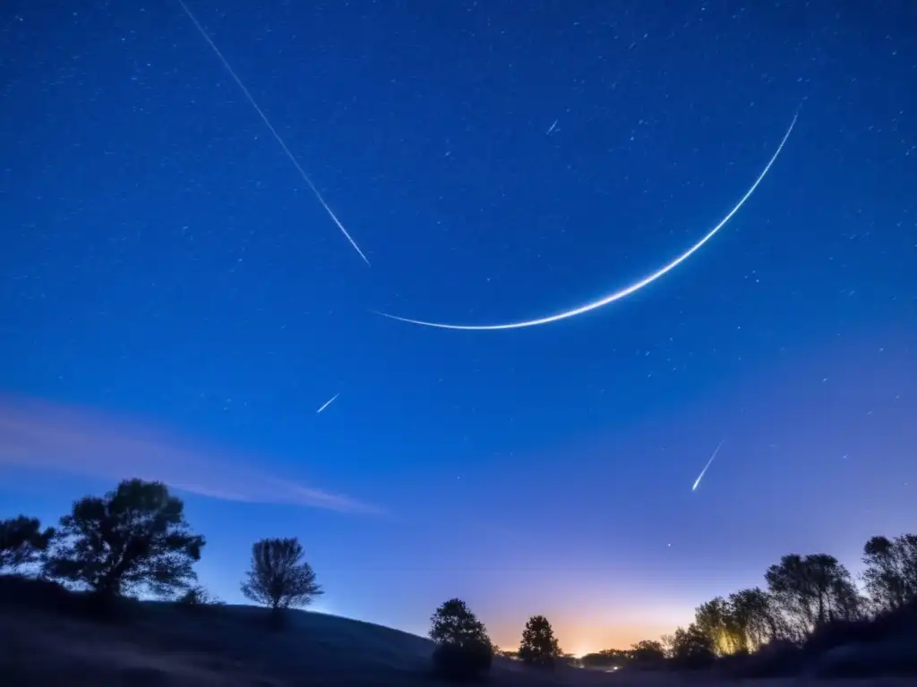 The Nighttime Sky's Whispering Beauty: A Meteor Shower Streaks Across the Stars A breathtaking high-resolution image of a clear night sky, filled with stars brighter than anything you've ever seen