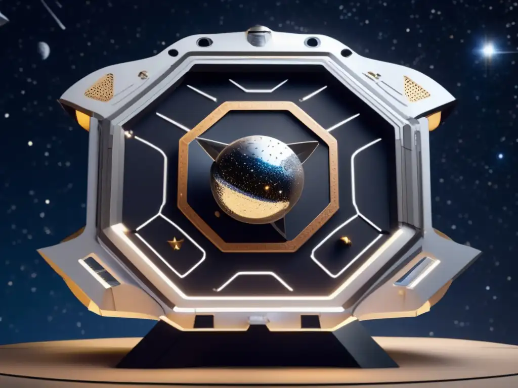 A breathtaking photorealistic image of the Stellar Shield Concept in space, showcasing its intricate design and impressive engineering precision