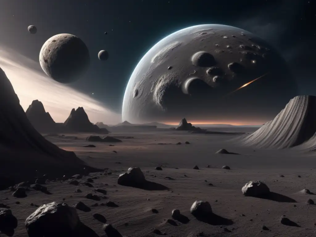 A dramatic and ominous backdrop for a landing site on a dark, asteroidcovered planet
