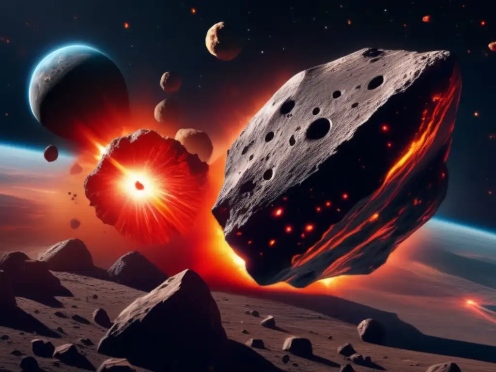 Powerful Formation: A Glowing Asteroid and Its Small Asteroid Protectors A stunning detail of a gigantic asteroid in space, radiating intense heat with a fiery glow