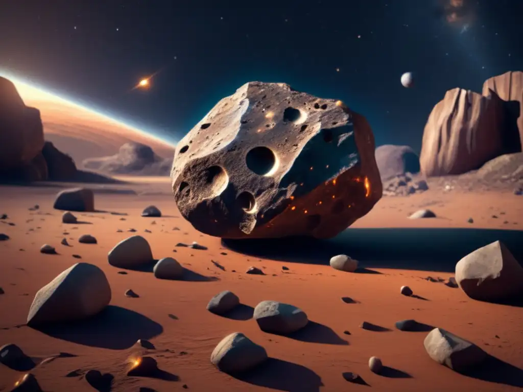A stunning photorealistic closeup of Asteroid Hecuba with intricate fractures, boulders, and rock formations captures its unique textures and colors