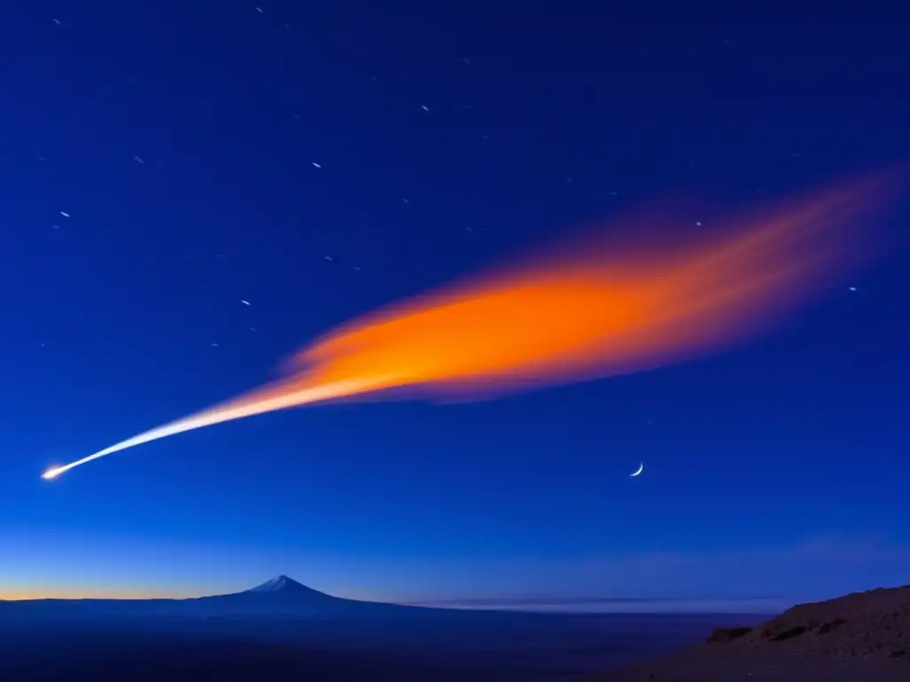 A mesmerizing image of a blazing orange comet racing through the deep blue expanse of a celestial vision, its icy trail trailing behind