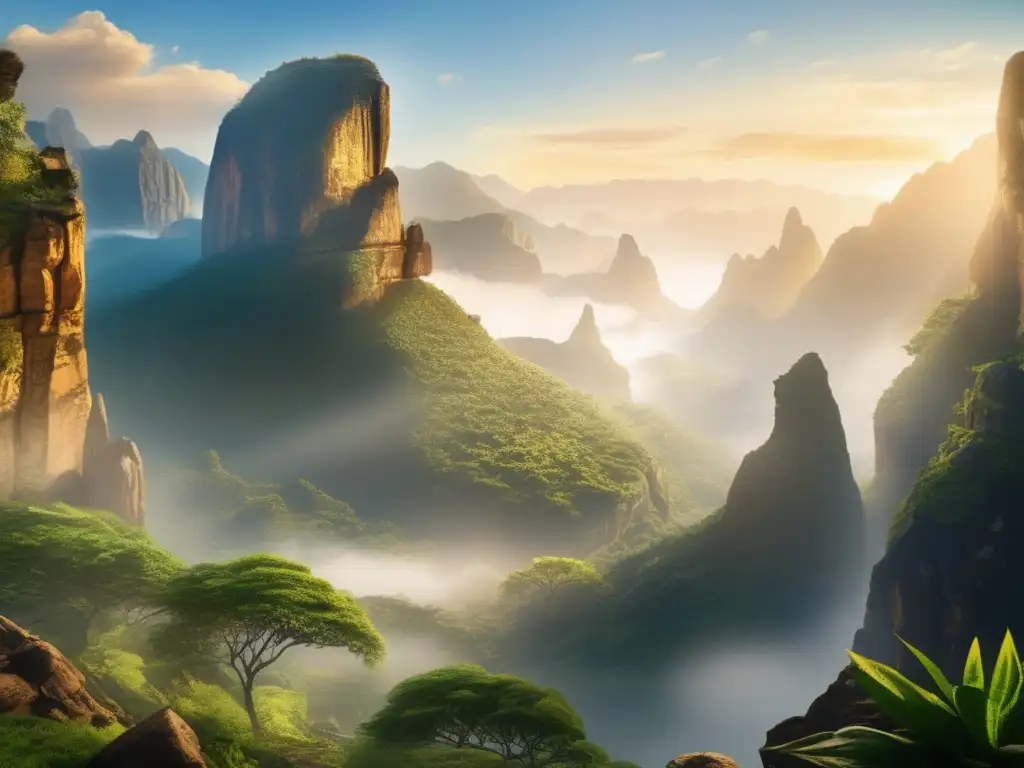 Amidst majestic mountains, lush forest, and a clear sky, a hidden rock outcrop adorned with mystical carvings and designs glows in the sunlight