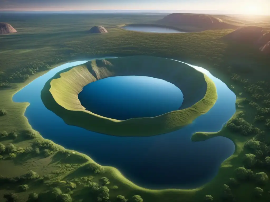 The Sudbury Basin, surrounded by lush green forests and Rocky Mountains, is visible from a distance in this highly detailed photorealistic image