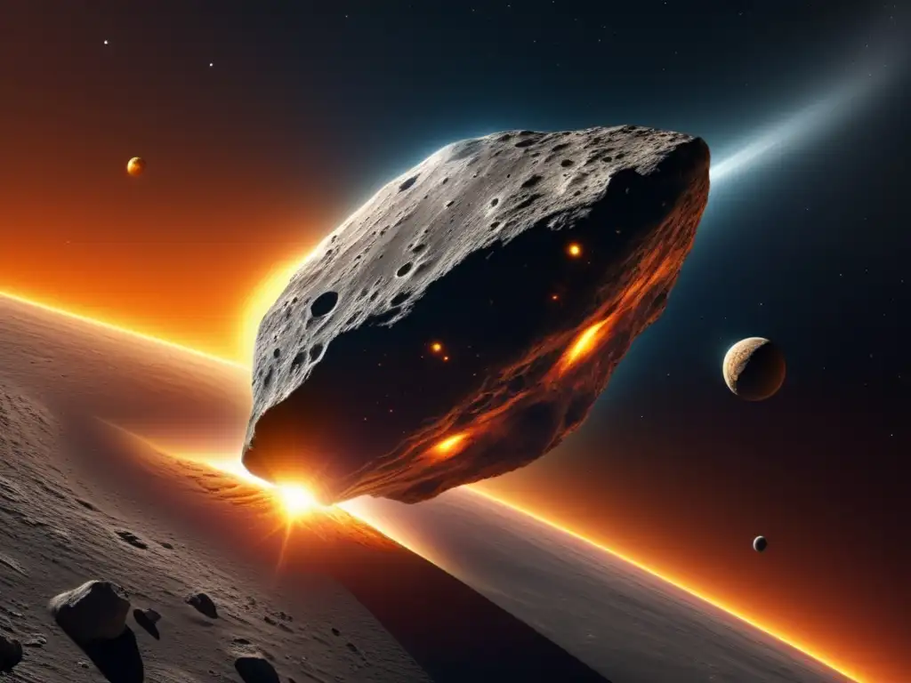 Dash: -A stunning photograph of asteroid Icarus, orbiting the sun at a close range with 8k resolution! The retouched image captures the textures and imperfections of the surface, casting a warm and vivid light from behind the sun