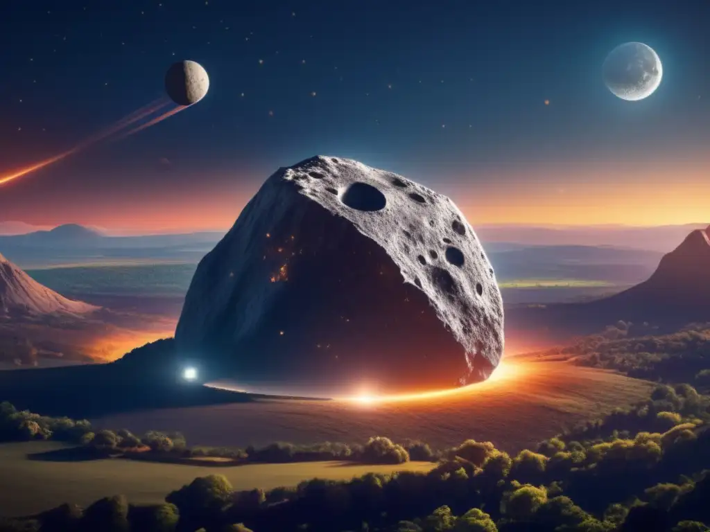 A captivating photorealistic image of a glowing asteroid illuminating the moon's vast, tranquil terrain