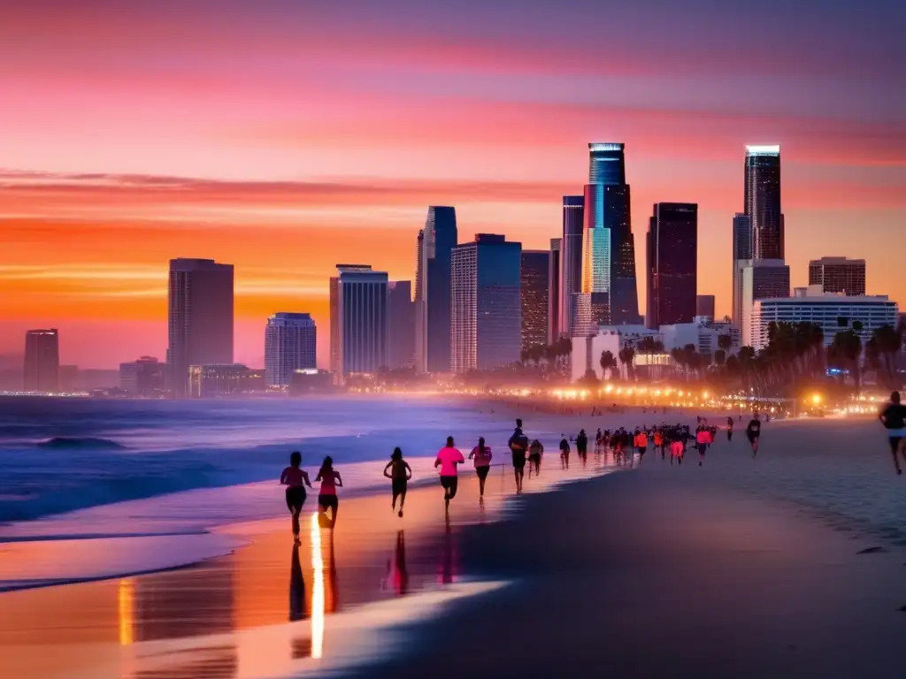 Take a bird's eye view of Los Angeles during sunset, with a breathtaking orange and pink sky reflecting off the ocean