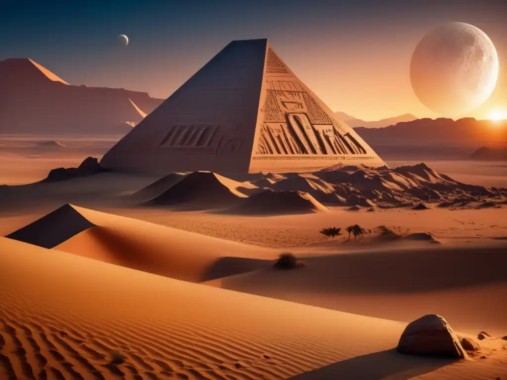 A breathtaking desert landscape bathed in the setting sun's glow, illuminating stark cliffs in the background and iridescent sand