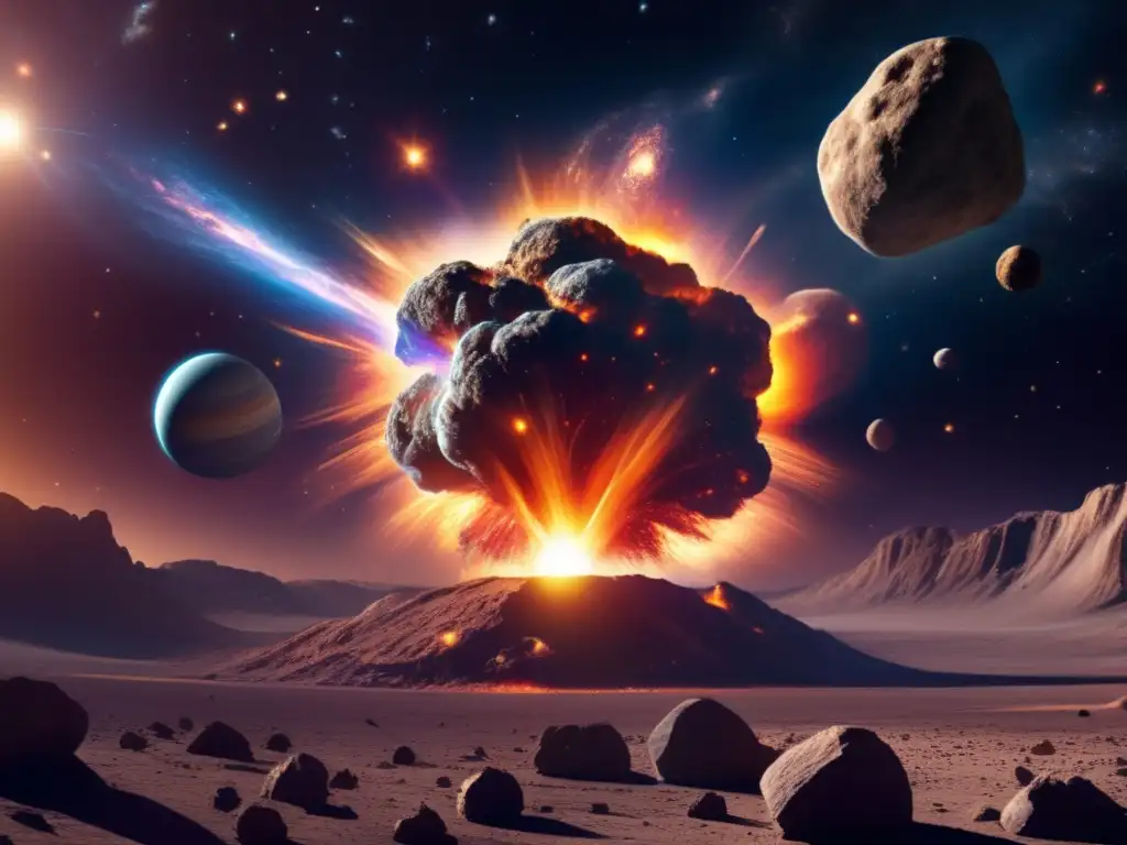 Supernova Explosion: A Photorealistic Adventure into the Cosmos A stunning, highly photorealistic image captures the immense power of a supernova explosion occurring in the distance from a small asteroid
